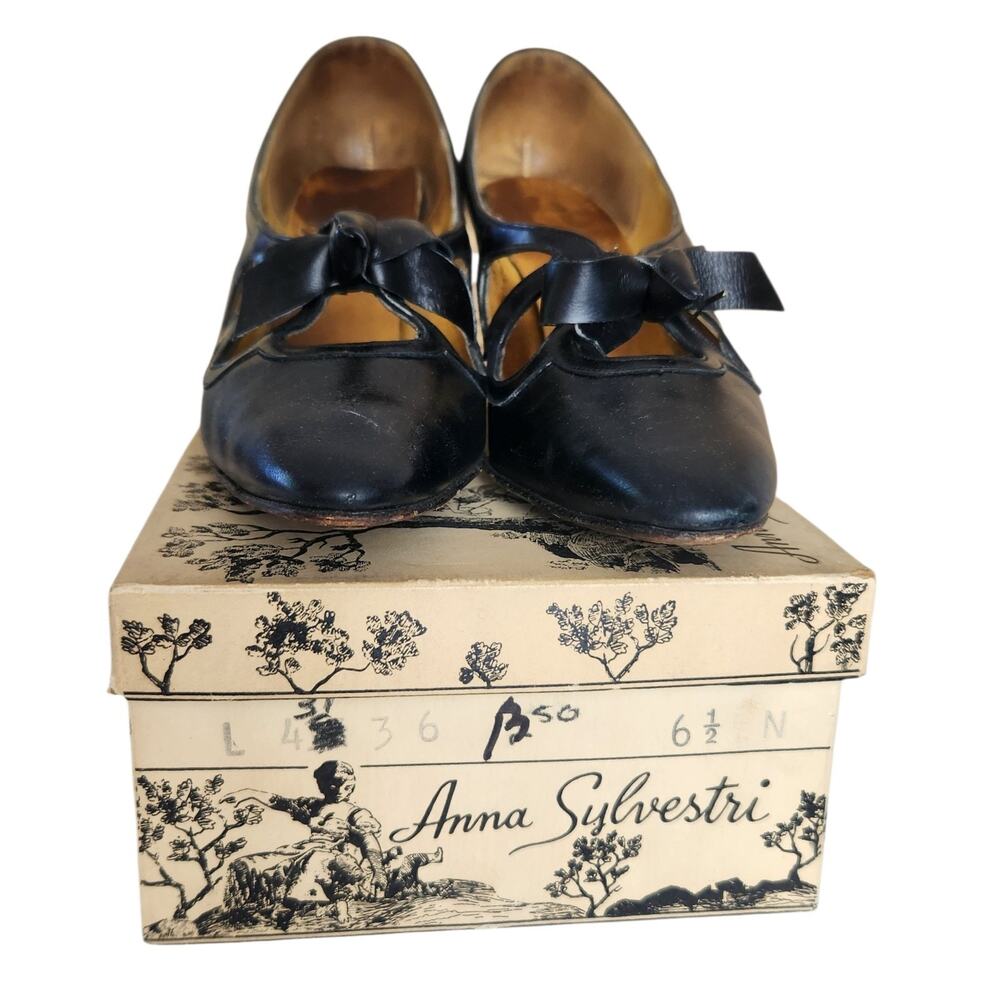 Vtg 50s Anna Silvestri Black Kitten Heels 6.5 N Pointed Toe Bow Cut Out Classy - Picture 7 of 11